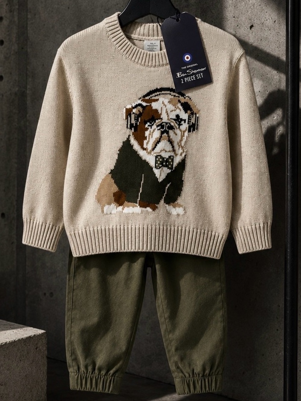 Ben Sherman Beige Bulldog Intarsia Crewneck Sweater with Olive Pant Set